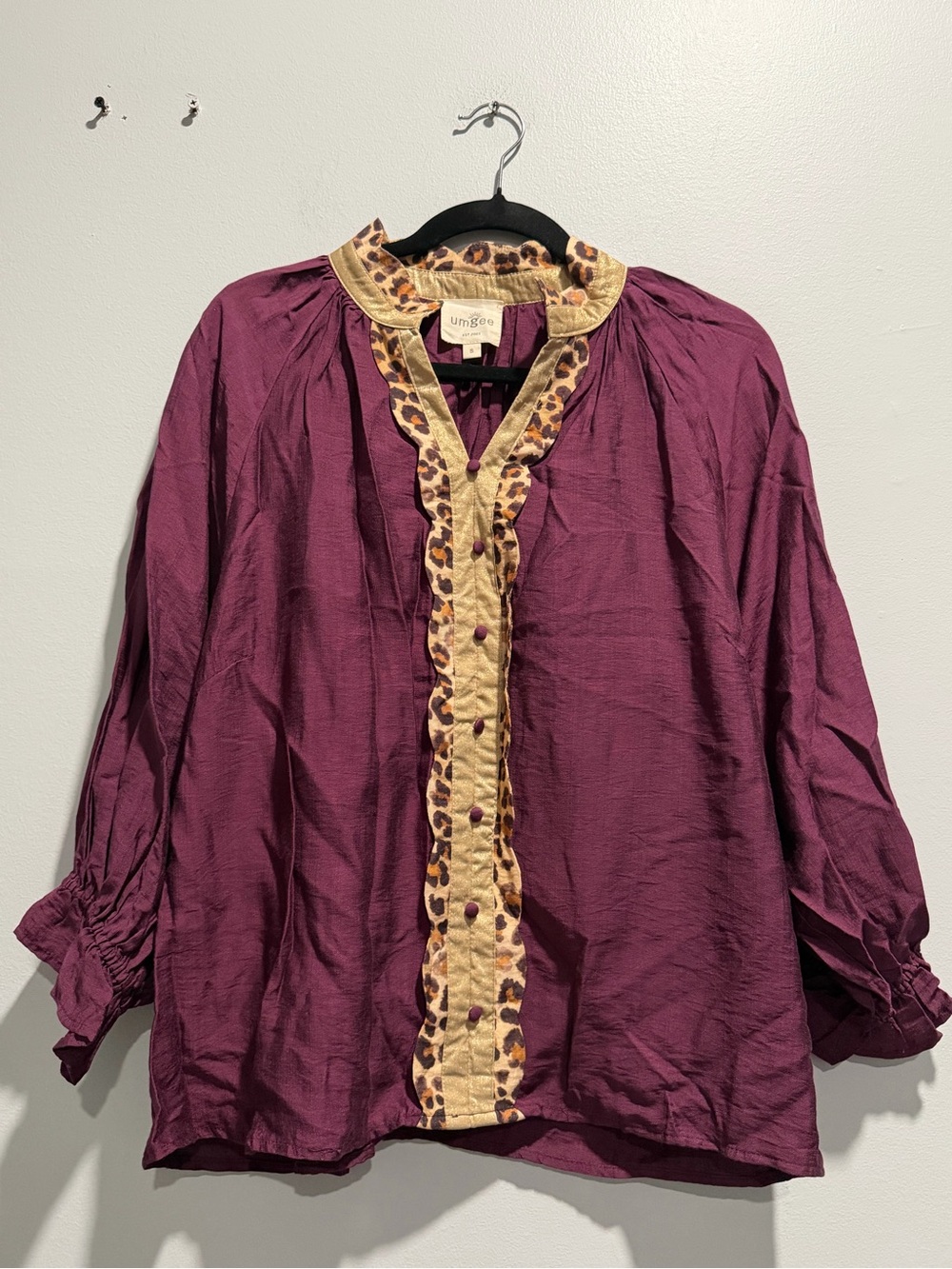 Umgee Plum Button-Front Blouse with Leopard-Trim